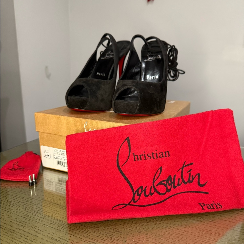 Christian Louboutin Black Suede Peep Toe Heels